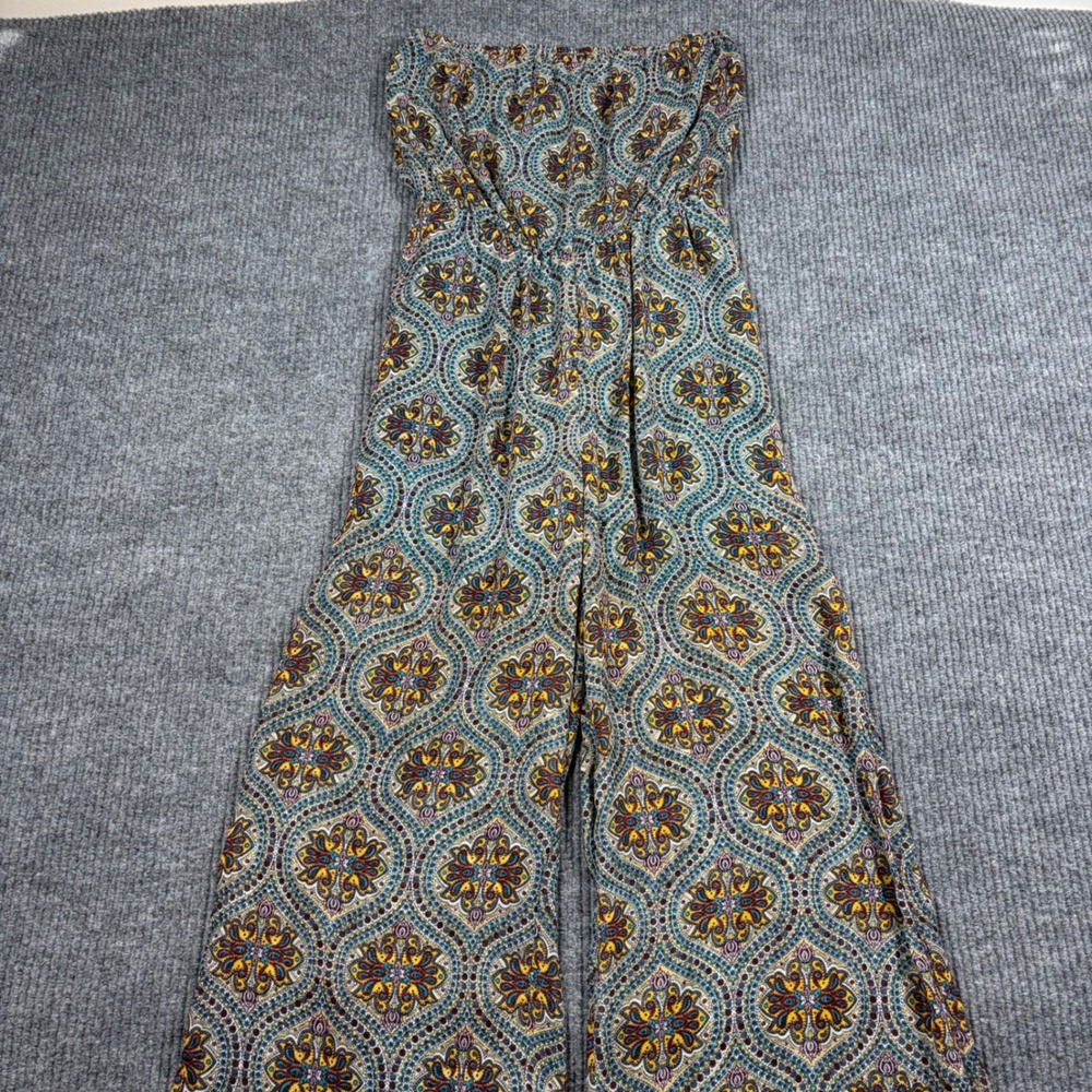 Wet Seal Jumpsuit Womens M Strapless Paisley Print Wide Leg  Teal Gold